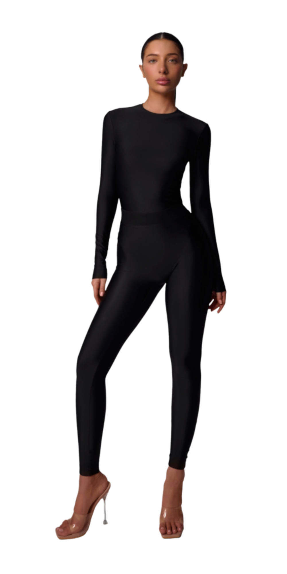 Жіночий утягуючий лонгслів Space Black з подовженими рукавами, чорного кольору, облягаючий фасон, для спорту та повсякденного носіння.