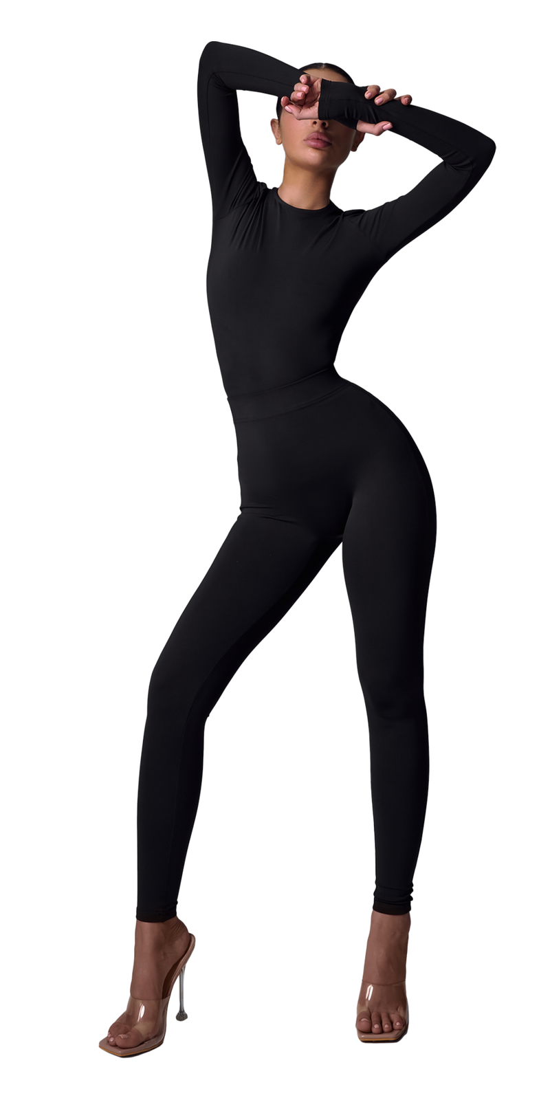 Model wearing matte black long sleeve